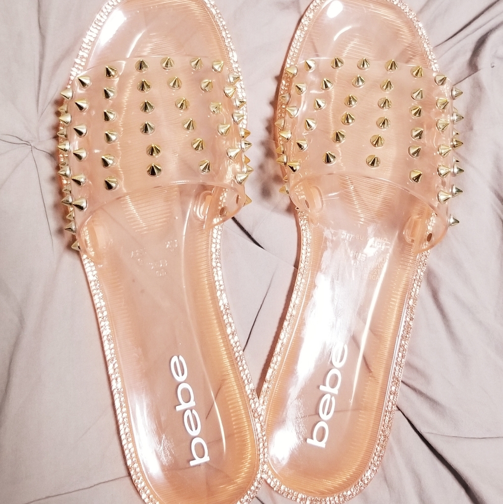 Bebe, Size 8.5, Gold Stud Sandals in Peach (clear)